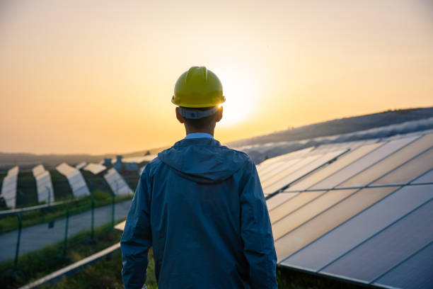 Engineer standing in solar power station looking sunrise stock photo