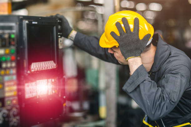 engineer worker inexperienced service man confuse nervous and stressful to fix and operate broken machine problem in factory stock photo
