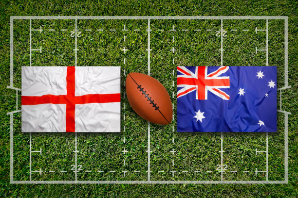 флаги англии против австралии на поле для регби - england australia стоковые фото и изображения