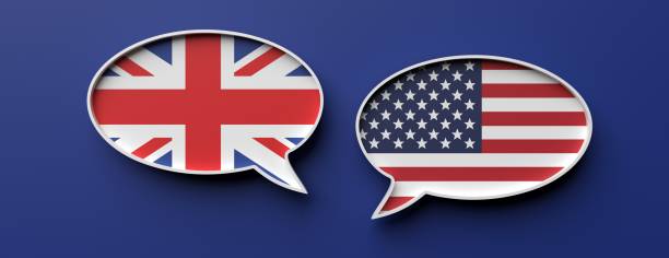 gelembung pidato bendera inggris dan amerika dengan latar belakang biru, spanduk. ilustrasi 3d - inggris britania raya potret stok, foto, & gambar bebas royalti