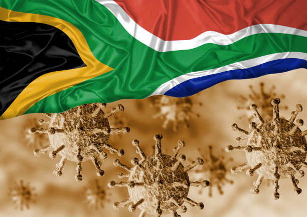 genişlemiş coronavirus, covid-19 güney afrika bayrağı altında. solunum hastalığı salgını. - south africa covid stok fotoğraflar ve resimler