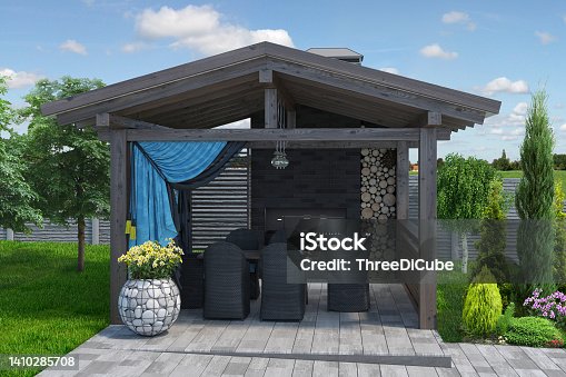istock Entertaining backyard beautification, 3D render 1410285708