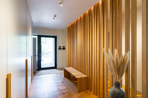 Modern entrance hall to a private house. Big wall closet and wooden stripes to separate the entrance hall from corridor.