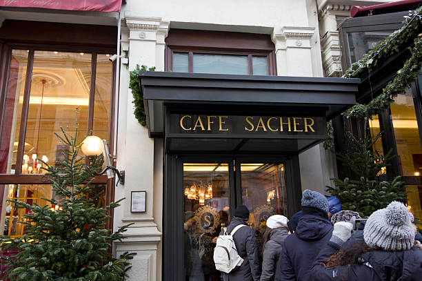Entrance of Cafe Sacher Hotel stock photo