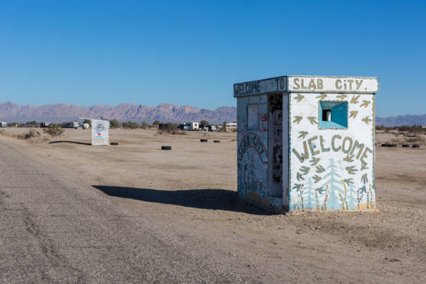 Entrance shack to Slab City Sonoran Desert California stock photo