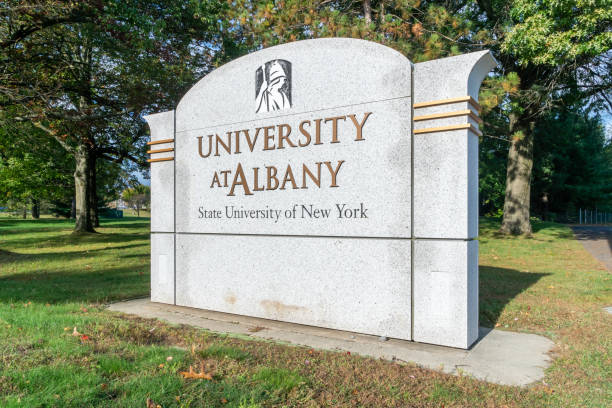 Entrance sign and logo at University at Albany, State University of New York stock photo