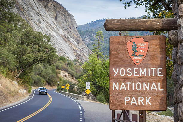 Entrance sign at Yosemite National Park stock photo