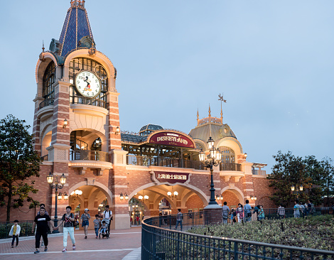 Shanghai, China - June 7, 2016: Image at dusk of the Entrance to Shanghai Disneyland Park, located in Chuansha New Town of Pudong New Area, is officially confirmed to open on June 16th, 2016. Is the sixth in the world and the second in China (after Hong Kong Disneyland).