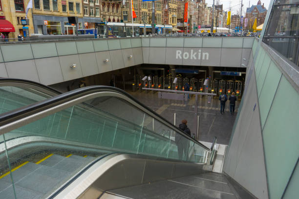 Entrance to Rokin metro station in Amsterdam, Netherlands Amsterdam, Netherlands - November 28, 2019 : Entrance to Rokin metro station in Amsterdam, Netherlands on November 28, 2019. amsterdam noord stock pictures, royalty-free photos & images