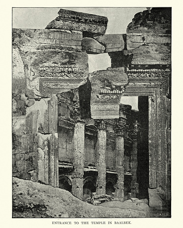 Vintage photograph of the entrance to the Temple of Bacchus, part of the Baalbek temple complex located in the broad Al-biqā (Bekaa Valley), Lebanon 19th Century