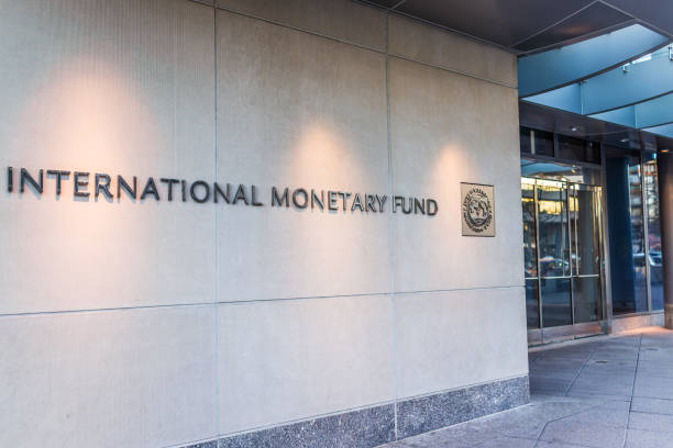 IMF entrance with sign of International Monetary Fund and logo stock photo