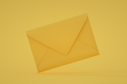 3d render, envelope, new message, invitation, e-mail, newsletter, yellow background.