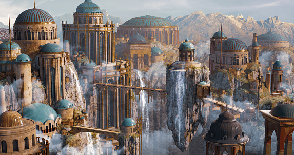 Environment Panoramic View of Sci-Fi Dome Castle, floating island and waterfall