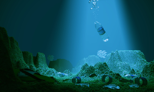 An undersea scene with the dead fishes and plastic wastes like bottles, slippers, symbolizing environmental pollution. (3d render)