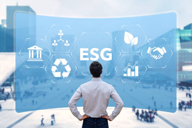 ESG Environmental Social Governance sustainable development and investment evaluation. Green ethical business preserving resources, reducing CO2, caring for employees. Consultant in management. stock photo