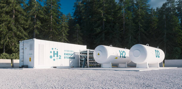 Environmentally friendly solution of renewable energy storage - hydrogen gas to clean electricity facility situated in forest environment. 3d rendering. Environmentally friendly solution of renewable energy storage - hydrogen gas to clean electricity facility situated in forest environment. 3d rendering. gas tank stock pictures, royalty-free photos & images