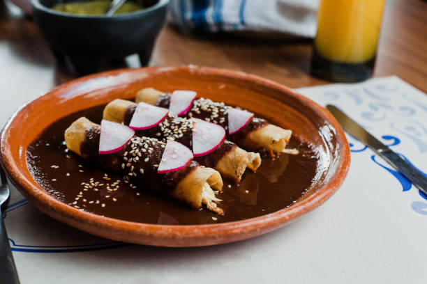Envueltos de mole poblano or enchiladas with chicken, traditional mexican food in Mexico City stock photo