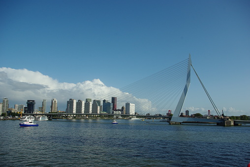 Erasmus Bridge Rotterdam with beautiful blue sky and clouds, Rotterdam, the netherlands, March 2022
