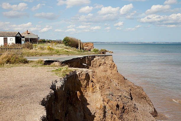 Erosion on the East Yorkshire Coast "Coastal erosion with buildings nearing the edge and the end of a road on the Holderness coastline of East Yorkshire, England.  This section of coast experiences some of the worst erosion in Britain, losing approximately 2 metres per year.Visit my Yorkshire Lightbox for more images from around the county of Yorkshire." dead end road stock pictures, royalty-free photos & images