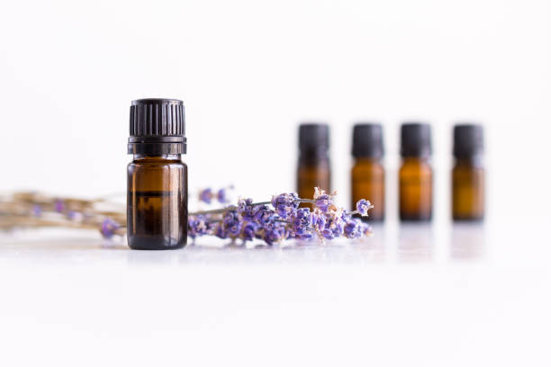 Essential oils in bottles. Lavender flowers decoration. A row of essential oil bottles with lavender flowers and white background. essential oil stock pictures, royalty-free photos & images
