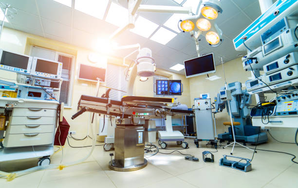 Establishing shot of technologically advanced operating room with no people stock photo