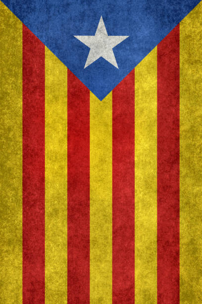 Estelada Blava pro-independence flag of Catalonia, Banner version with distressed textures Estelada Blava, The Blue Starred  independist Flag of Catalonia - Banner version catalonia stock pictures, royalty-free photos & images