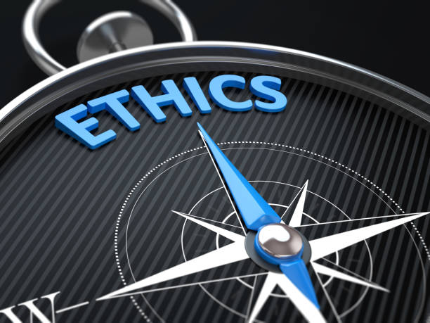 Ethics 3d render image.  Compass needle pointing the blue word Ethics. morality stock pictures, royalty-free photos & images