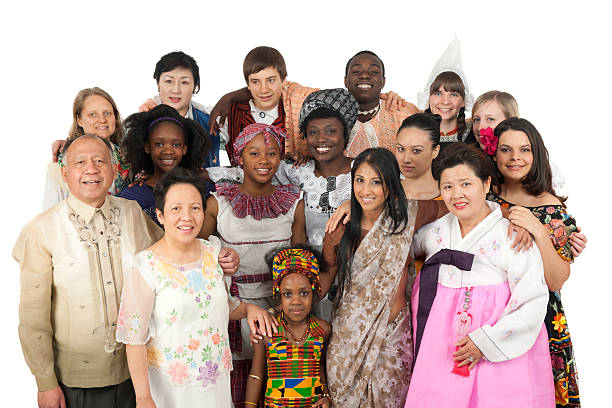 Ethnic Clothing A large diverse group of people wearing traditional ethnic clothing. Korean, East Indian, Kenyan Filipino, Spanish, Jamaican, Dutch, Finnish, German, and more different cultures stock pictures, royalty-free photos & images
