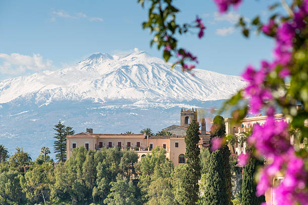 Etna view from Taormina, Sicily, Italy stock photo