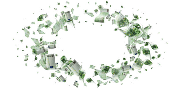 euro banknote isolated falling background. european money bill. business cash - notas euros voar imagens e fotografias de stock