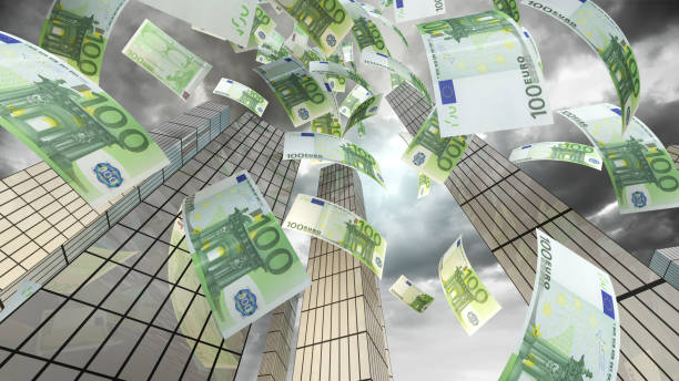euro flying in city - notas euros voar imagens e fotografias de stock