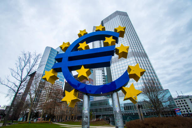 Euro sign sculpture.The European Central Bank is the central bank for the euro and administers monetary policy of the eurozone. The headquarter is in Frankfurt, Germany,11 March 2018 stock photo