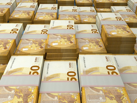 Money of European Union. European euro bills. EUR banknotes. 50 euro. Business, finance, news background.