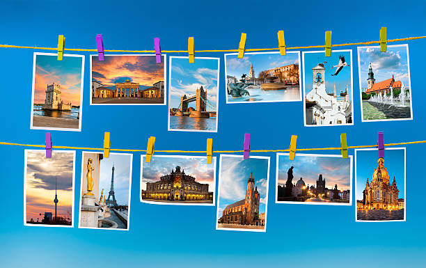 European landmarks, collage Collage with postcards of european landmarks on blue background getting away from it all photos stock pictures, royalty-free photos & images