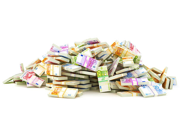 European pile of money  stacks of 10's, 20's, 50's, 100's, 500's in Europeans currency on a white background. Saving or dept concept. european currency stock pictures, royalty-free photos & images