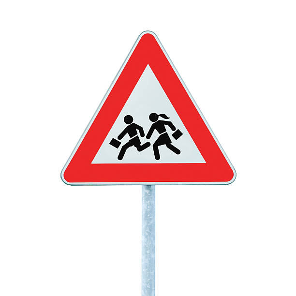 European School Crossing Roadside Warning Sign, Isolated Large Closeup stock photo