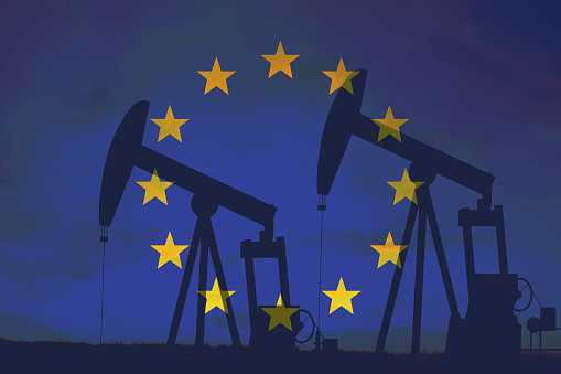 European Union oil industry concept, industrial illustration. European Union flag and oil wells, stock market, exchange economy and trade, oil production