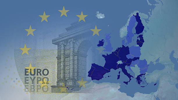 Eurozone 2015  16:9 with borders View on the globe zoomed on Eurozone: Austria, Belgium, Cyprus, Estonia, Finland, France, Germany, Greece, Ireland, Italy, Luxembourg, Malta, Netherlands, Portugal, Slovakia, Slovenia,Spain, Latvia, including Lithuania (1 -1-2015) in dark blue. baltic countries stock pictures, royalty-free photos & images