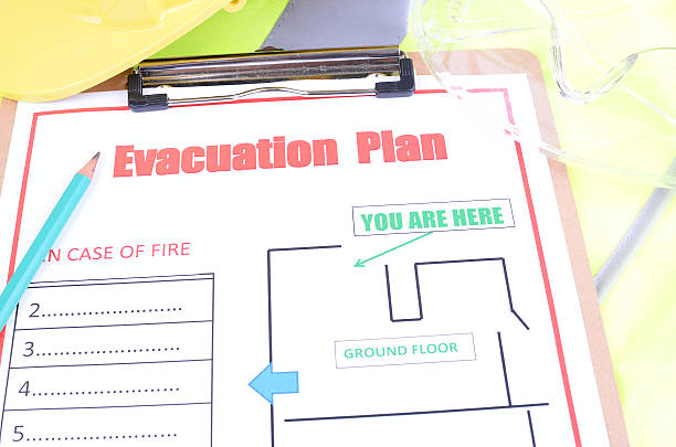 Evacuation Safety Plan An evacuation plan with a pencil,safety glasses, hard hat and high visibility vest. evacuation stock pictures, royalty-free photos & images