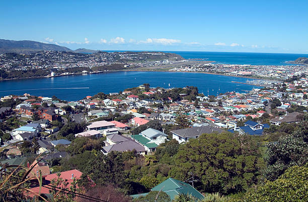 Evans Bay and Wellington Airport, New Zealand stock photo
