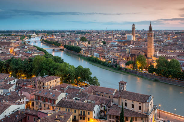 Evening cityscape of Verona city viewed from Castel San Pietro, Italy, Europe stock photo
