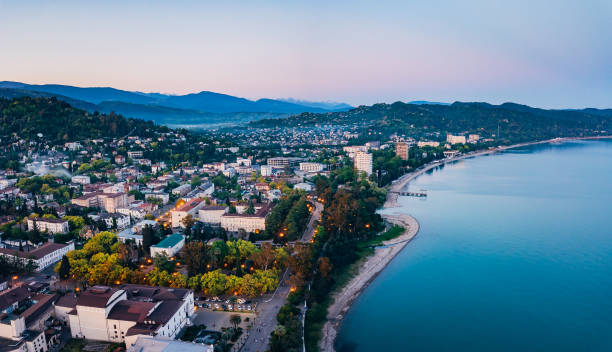 Evening resort town Sukhum, Abkhazia aerial view from drone stock photo