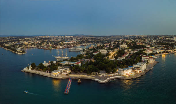 Evening Sevastopol panorama, aerial view of the Sevastopol bay and embankment stock photo