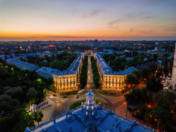 Evening summer Voronezh cityscape at sunset, Mira Street, aerial view stock photo