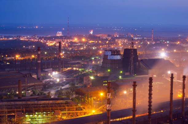 Evening view of metallurgical plants from the height of 150 m, Zaporozhye, Ukraine Evening view of metallurgical plants from the height of 150 m, Zaporozhye, Ukraine zaporizhzhia stock pictures, royalty-free photos & images