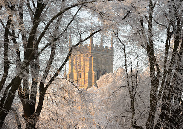 Evesham Bell Tower through Frosted Trees stock photo