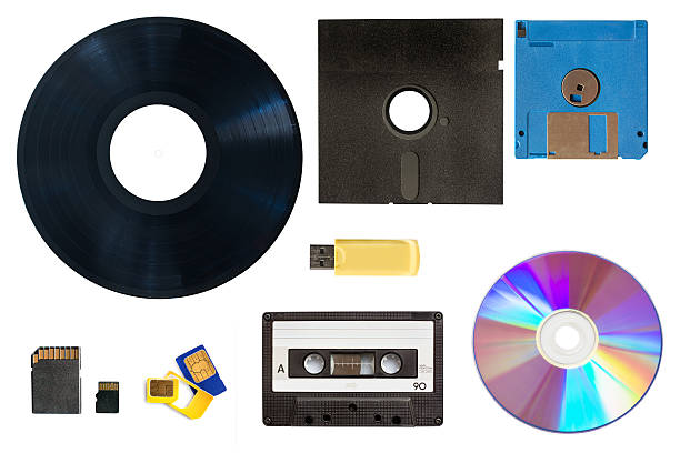 entwicklung der technologie-daten und medienaufbewahrung konzept collage - datenspeicher diskette stock-fotos und bilder