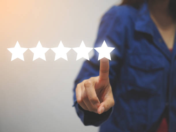 excellence rating online concept, customer 5 stars review, positive feedback of satisfied customer stock photo
