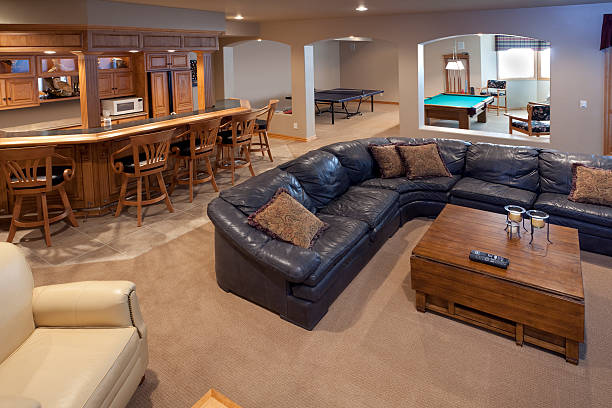 Excellent Finished Basement Bar, Lounge, Game Room, Pool Table, Sofa  basement photos stock pictures, royalty-free photos & images