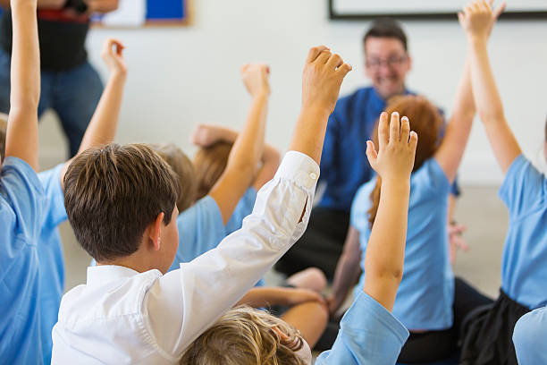 Excited School Children in Uniform with Hands Up stock photo